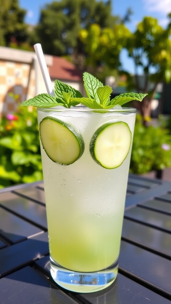 A cool Cucumber Mint Rum Cooler cocktail garnished with mint and cucumber slices on an outdoor table.